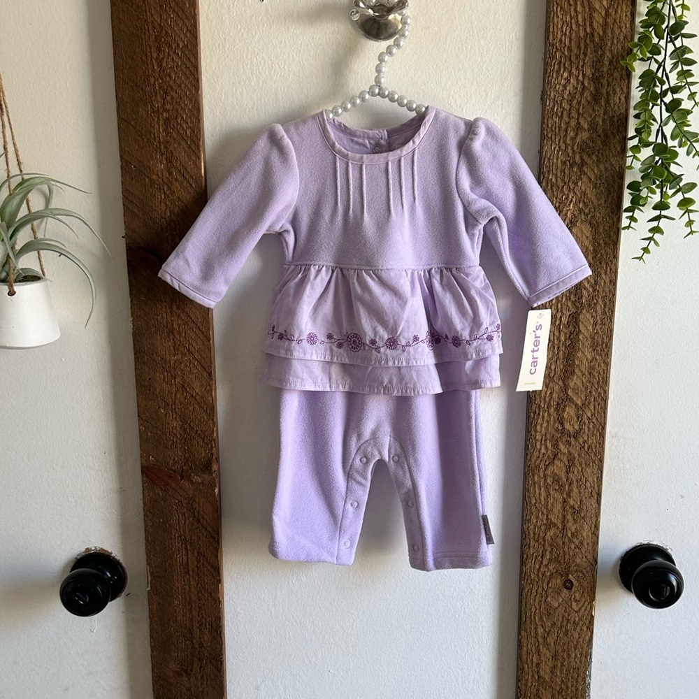 New Vintage Carter's Skirted Lavender One-Piece Elegant Floral Fleece 0-3 Months